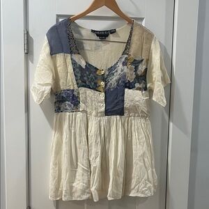 Vintage 90s Tribes Patchwork Floral Cream Peasant Boho Eclectic Festival Medium